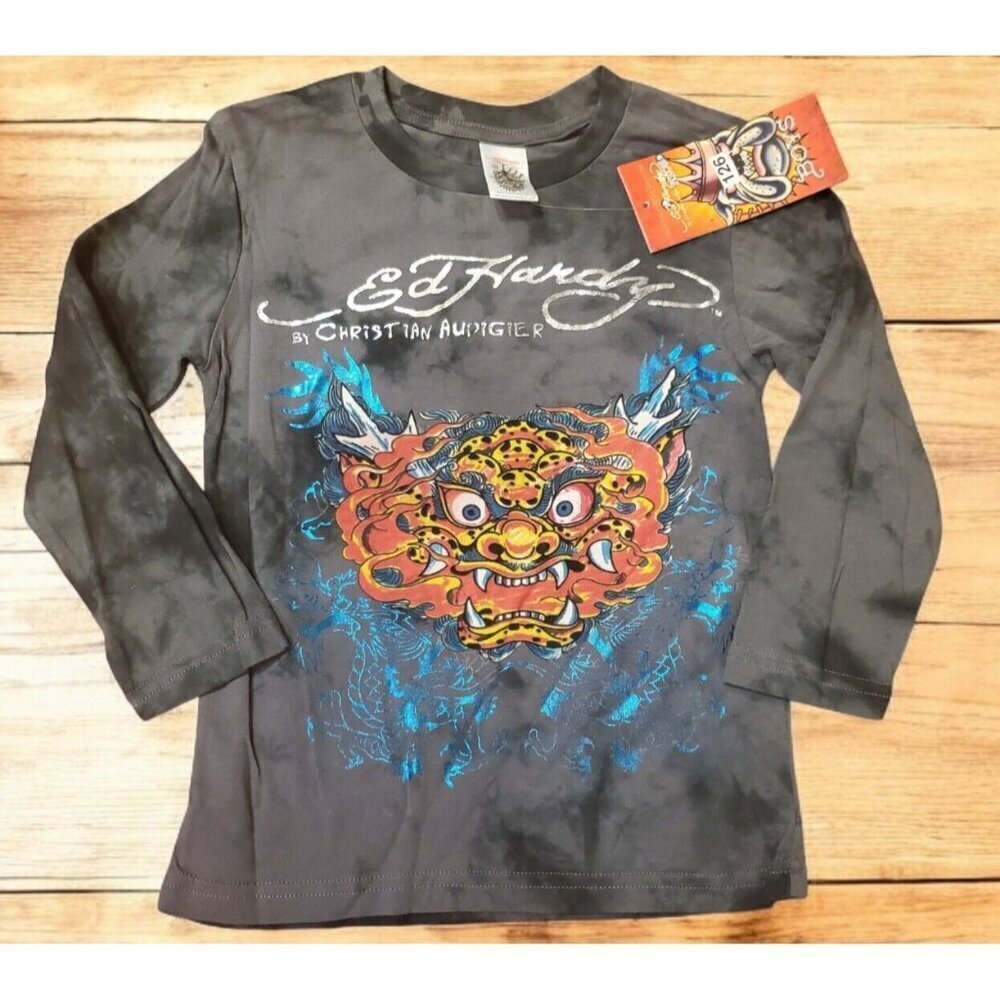 Ed Hardy Shirt Boys Size 2/3 Long Sleeve Black Gray Christian Audigier Y2k‎ NWT